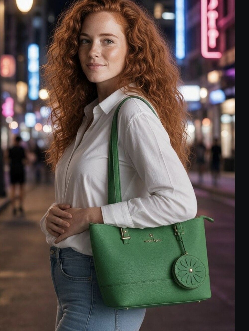 Nanette Lepore Kelly Green Tote Bag with Matching Flower Coin Pouch